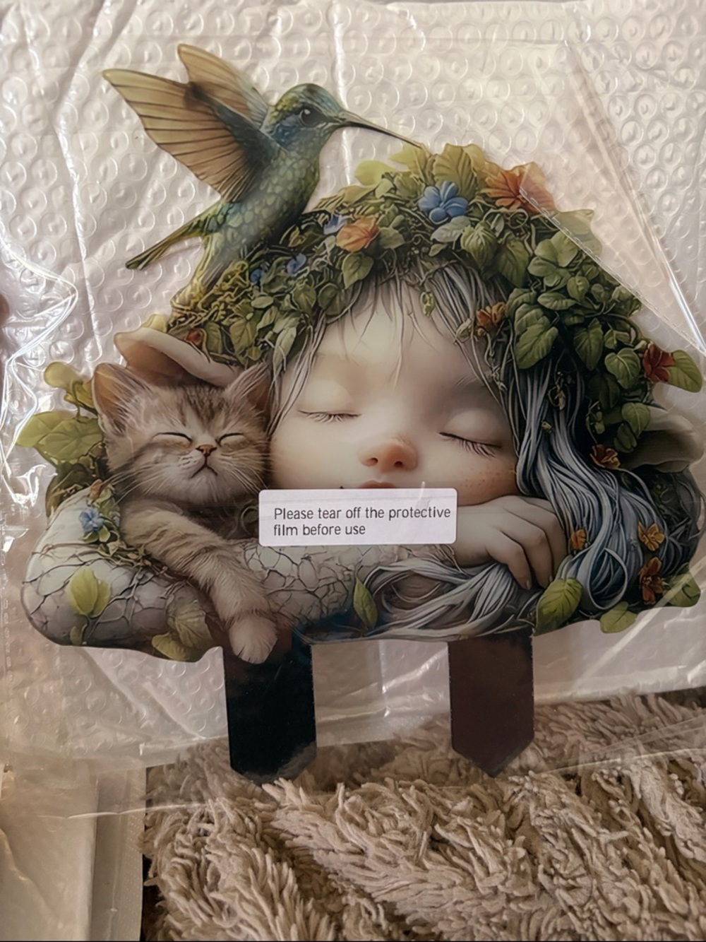 Whimsical Sleeping Girl & Kitten Garden Art Print - New in Bag! - Picture 2 of 3
